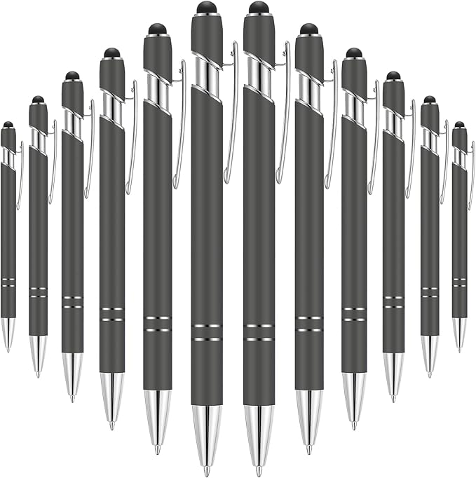 Tenare 12 Pieces 2 in 1 Stylus Metal Ballpoint Pen with Stylus Tip, 1.0 mm Black Ink Ballpoint Pen for Touch Screens(Gray and Silver)