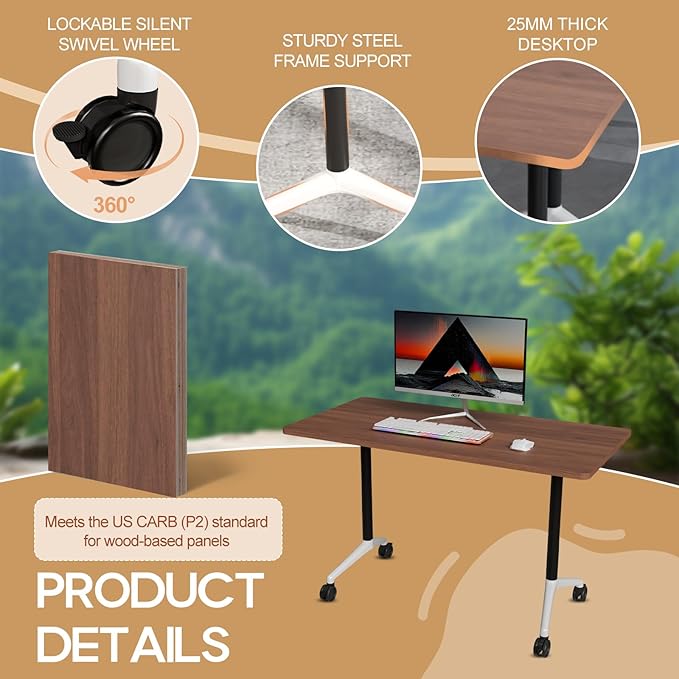 Folding Conference Table 4ft 5ft, Foldable Office Meeting Desk for 6 People, Multiple Sizes Colors Mobile Conference Room Table for Training Room School Business Furniture (4, Walnut, 63in)