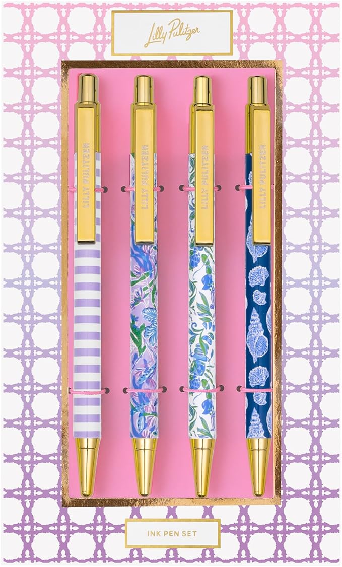 Lilly Pulitzer Black Ink Pen Set of 4, Retractable Pens for Home or Office, Colorful Plastic Click Pens, (Assorted)