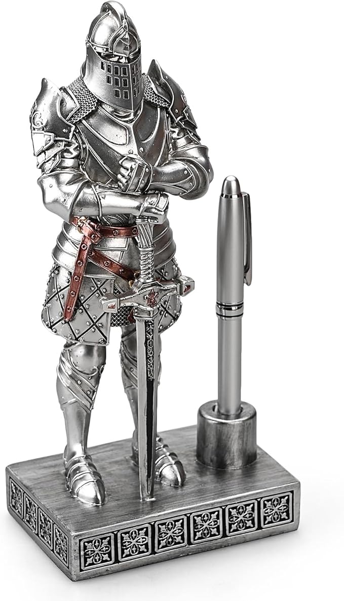 Amoysanli Knight Pen Stand Decoration Resin Pen Holder Art Craft Paperweight for Desktop Organizer Festival Gifts for Boyfriend Husband Dad Son(Silver)