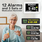 11'' Large Display Digital Clock for Seniors, Digital Calendar Alarm for Elderly Clock with Date Day of Week 12 Alarms 4 Colors Desk Wall Clocks for Memory Loss Alzheimers Dementia Auto DST/Dimmer