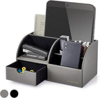 Vlando Office Desk Organizer Leather Desktop Organizer Caddy with Drawer for Storing Desktop Supplies and Accessories (Grey)