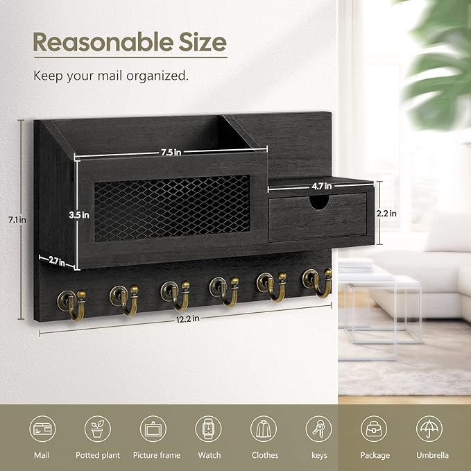 FifthQuarter Key and Mail Holder for Wall, Mail Organizer Wall Mount with 6 Hooks and Storage Drawer, Easy Installation Key Rack for Entryway and Home Decor (B-Black)