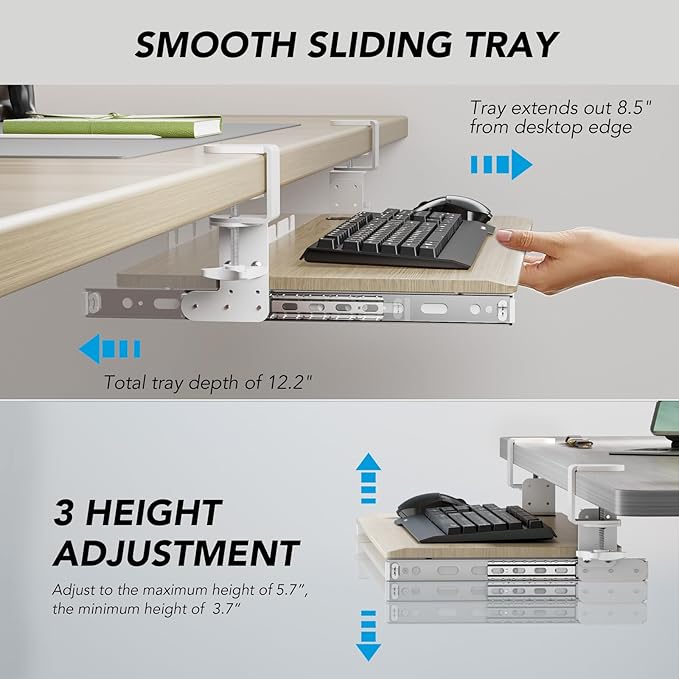 Keyboard Tray Under Desk Pull Out with Extra Sturdy C Clamp Mount System, 27.3 (32.5 inch Including Clamps) x 11 Inch Slide-Out Platform Computer Drawer for Typing Grain AX01WG01