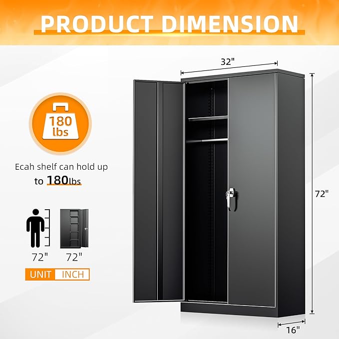 INTERGREAT Metal Storage Cabinet with Lock,Storage Wardrobe Cabinets with 4 Adjustable Shelves and Hanging Rod,Black Wardrobe Cabinet with Lockable Doors for Home Office,Warehouse,Garage
