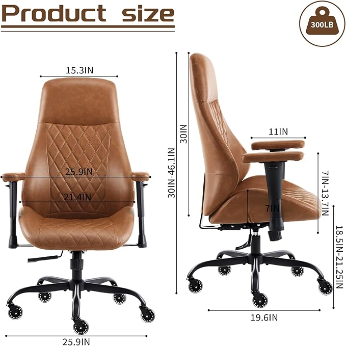 YFO Home Office Desk Chair High Back Office Rubber Casters Ergonomic Computer Chair with Lumbar Support Adjustable Height Rolling Swivel Chair Executive Task Armrests， Brown Leather