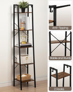 Hzuaneri Ladder Shelf, Bookshelf Bookcase, Freestanding Corner Storage Shelve with 2 Hooks for Home Office, Living Room, Kitchen, Bedroom, Industrial, 11.8" D x 13.4" W x 63" H, Rustic Brown BC03201B