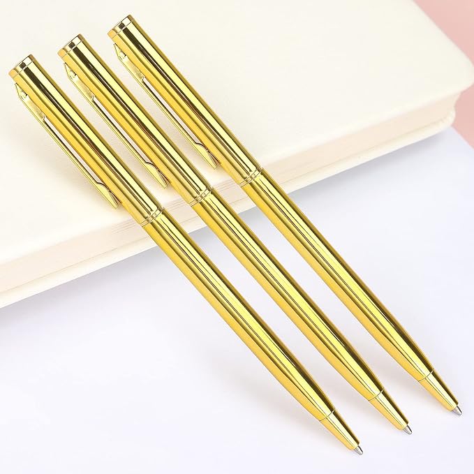 3 Pack Slim Ballpoint Pens Black ink Medium Point 1.0 mm Writting Pen, Great Gift for Wedding Business Office Students Teachers Christmas (Gold)