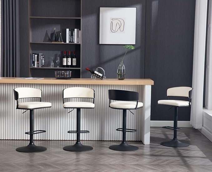 Adjustable Modern Bar Stools Set of 2 Faux Leather Barstools Swivel Counter Height Bar stools with Curved Back/Black Metal Base Comfy Upholstered Bar Chairs for Kitchen Island, Beige