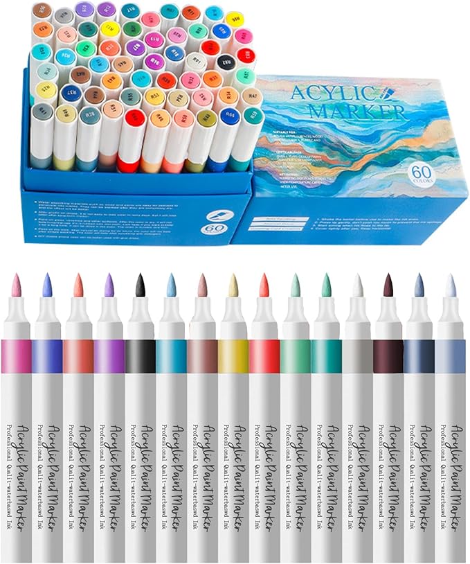 60 Brush Markers Pens,Water-based Ink and Quick-Drying,Painting Supplies Perfect for Plastic Sheets Fabric Bags Ceramics Stone Pottery Wood and Handmade Crafts（60 Colors）
