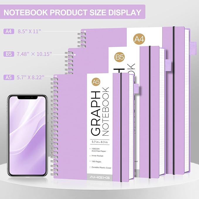AHGXG Graph Paper Notebook - Spiral Notebook Journal 160 Pages, A5 Graph Notebook 5.7" x 8.3", 100 gsm Thick Grid Paper, Waterproof Plastic Cover, for School Writing Engineering Math, Purple