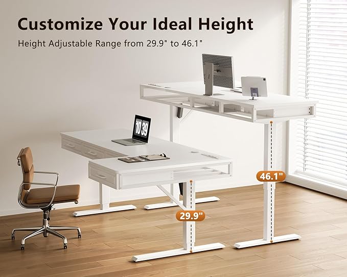 OffiGo L Shaped Electric Standing Desk with Wooden Drawers, 63 Inch Height Adjustable Corner Workstation with Power Outlets, Sit Stand Table for Home, Office, White