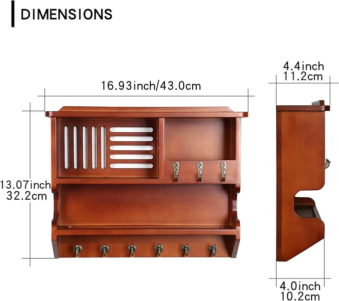 Mutsault Key Holder for Wall, Mail and Key Holder for Home Decor, Key and Mail Holder for Wall with Key Hooks, Auburn