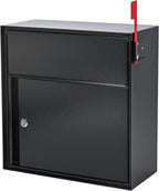 Large Wall Mount Mailbox with Lock and Outgoing Mail Flag for Outside, Steel Locking Security Mail Box with Number Stickers for House Outside, 14.8" x 6.9" x 15.4", Rainproof, Black