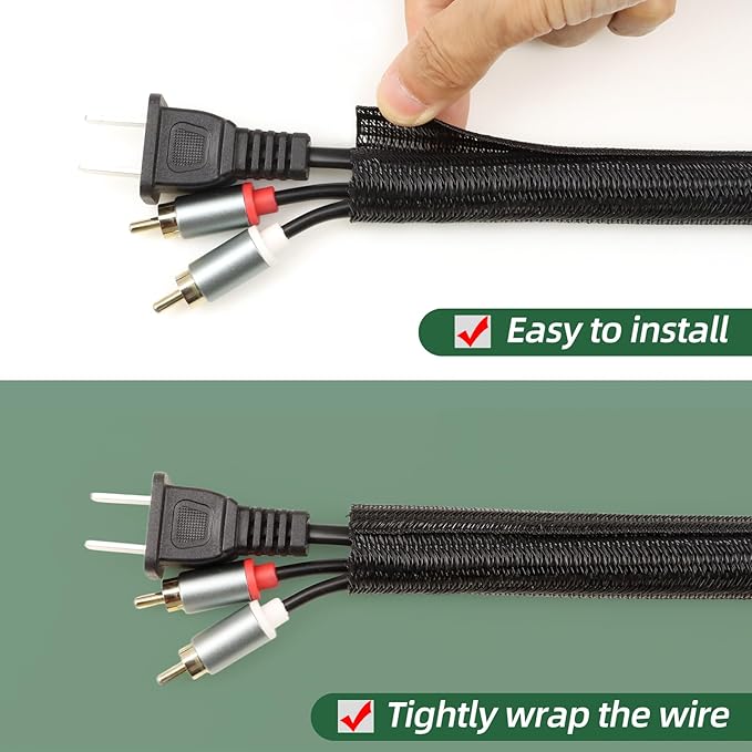Split Wire Loom Tubing, Cable Protector Sleeve, Braided Cable Management for TV/Computer/Home Theater/Engine Bay, Cord Protectors from Pets No Chew (Black, 3/8"-10ft)