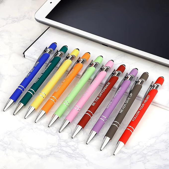 10 Pcs Inspirational Pens - Motivational Ballpoint Pen with Stylus Tip Ink Pens Bulk Inspirational Gifts for Women Coworkers Office Supplies Black Ink