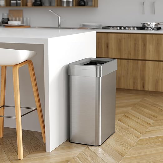 iTouchless 18 Gallon Rectangular Open Top Trash Can and Recycle Bin with AbsorbX Odor Control System Ultra Space-Saving Large Capacity Commercial Grade for Home, Office, Garage, Stainless Steel