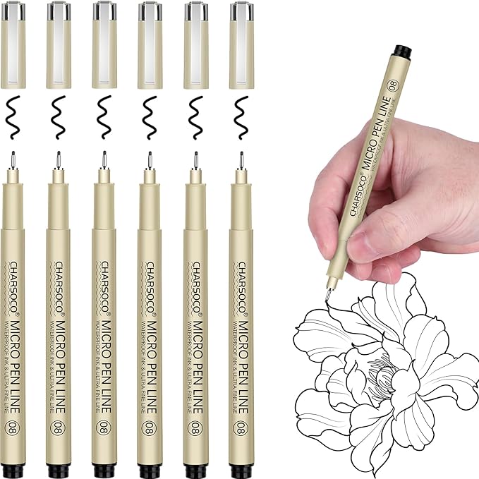 08 Micro Pen, 6 Pack Black Fine Point Pen with Waterproof Archival Ink, 0.52mm Fineliner Ink Pens for Artist Illustration, Sketching, Anime, Manga, Technical Drawing and Scrapbooking