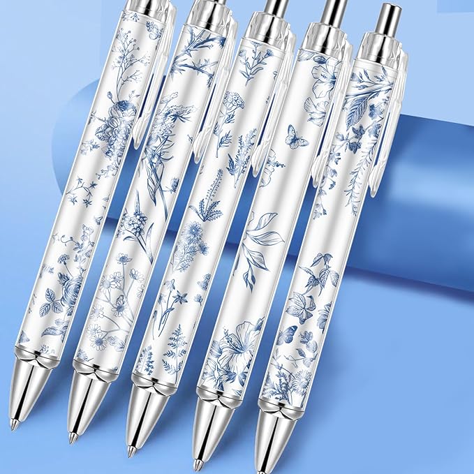 10PCS Blue and White Porcelain Pen 0.5mm Black Ink Fancy Pens Smooth Writing Retractable Ballpoint Pens for Journaling Aesthetic Office Supplies (BlueandWhitePorcelain, 10)
