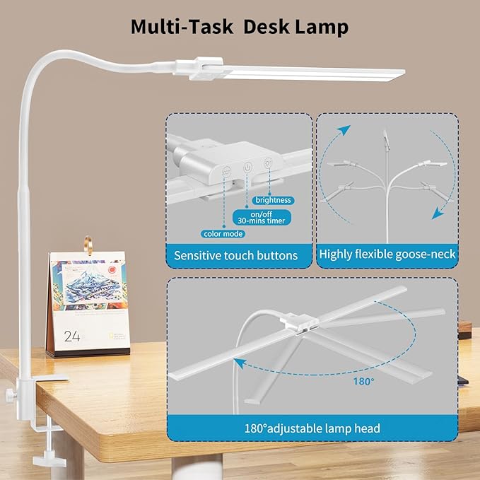KableRika Desk lamp,Double Head LED Desk Lamp with Clamp,Architect Desk Lights for Home Office,Eye-Caring Desktop Office Lamp 4-Brightness 4-Color Table Lamp for Monitor Workbench Reading White