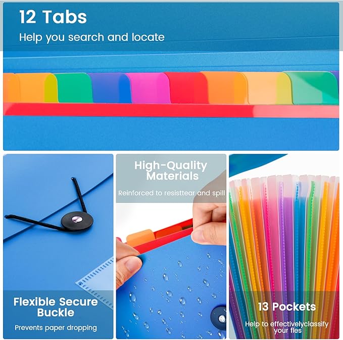 13 Pocket Expanding File Folder Accordian File Organizer, A4 Letter Size Paper Document Receipt Holder for School Office Supplies, Blue