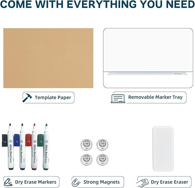 J&J worldwide Magnetic Glass Whiteboard Brilliance White Dry Erase Board 6' x 3', Large Frameless Glass White Boards for Walls, Includes Magnets, Marker Tray, Eraser for Office, Home, School