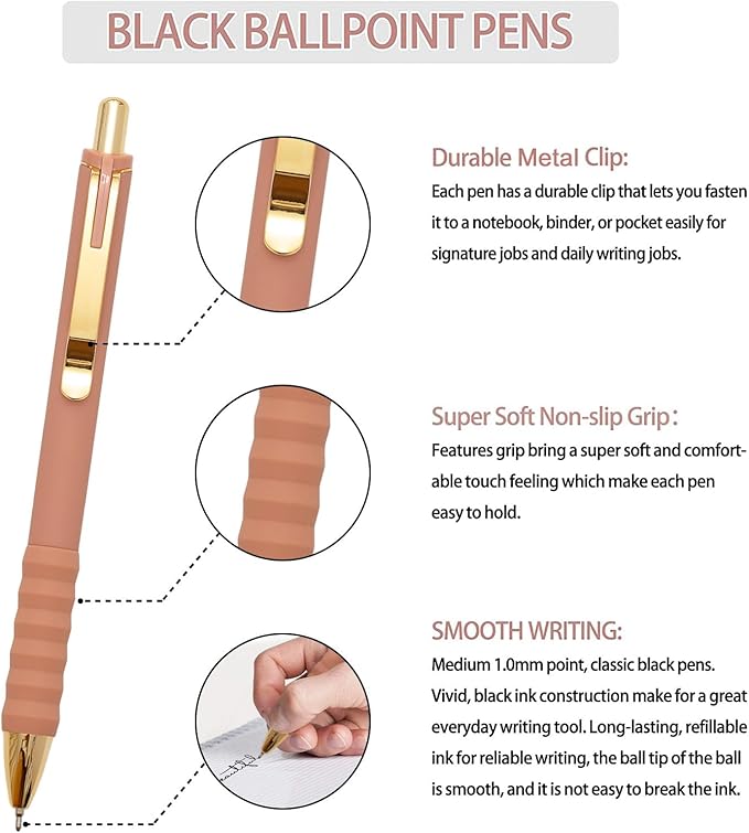 Linbsunne Ballpoint Pens Black Medium Point 1mm with Super Soft Grip Ball Point Pen for Men Women Retractable(style2, 12 pcs)