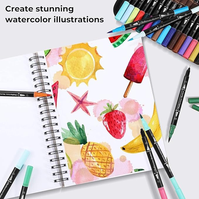 Ohuhu Markers for Adult Coloring Books No Bleeding 120 Colors Coloring Markers Water-based Dual Tips Fineliner & Brush Drawing Pens Art Pens for Kids Adults Sketch Journal - Maui - Black