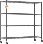 Homdox 60”W Storage Shelves, 4 Tier Heavy Duty Wire Shelving Unit with Wheels, 2400LBS Commercial Adjustable Metal Shelves for Storage, Garage Rack Pantry Shelves Kitchen Shelving, 24"x60"x72", Black