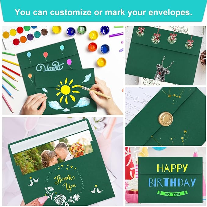 65 Pack Dark Green Self Seal Envelopes - A4, 4x6 Sizes for Invitations, Weddings, Photos, Greeting Cards & Mailing