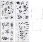 UCEC 4 Sheets Clear Stamps Set for Card Making, 2 Pcs Acrylic Stamp Block (7.5*7.5cm & 5*5cm), Vintage Plants Flowers Rubber Silicone Stamps, Small Clear Stamps for Crafts Decoration DIY Scrapbooking