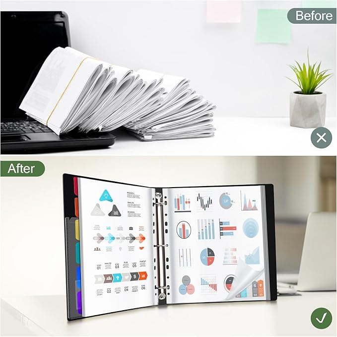 Uquelic 50-Pocket Binder with Plastic Sleeves for Letter/A4 Size(11" x 8.5"), Document Binder Organizer for Papers, Certificates and Artwork, Colorful PP Divider Pages for Presentation