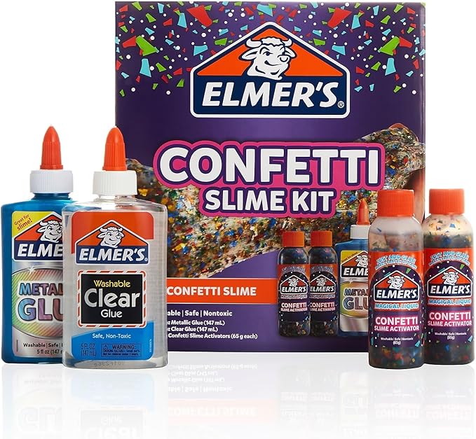 Elmer’s Confetti Slime Kit, Slime Supplies Include Metallic Glue, Clear Glue, Confetti Magical Liquid Activator, 4 Count - Perfect for Parties, Gift, Kids Activity Time