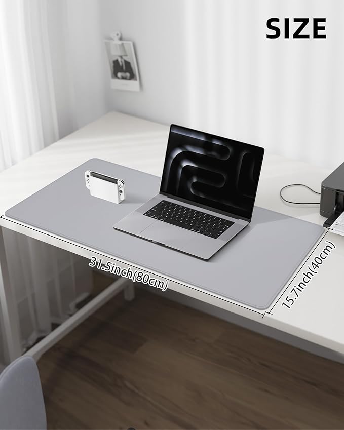 Leather Desk Pad Protector, Mouse Pad, Office Mat, Non-Slip PU Leather Blotter, Laptop Pad, Waterproof Writing Pad for Office and Home (Light Grey, 31.5" x 15.7")