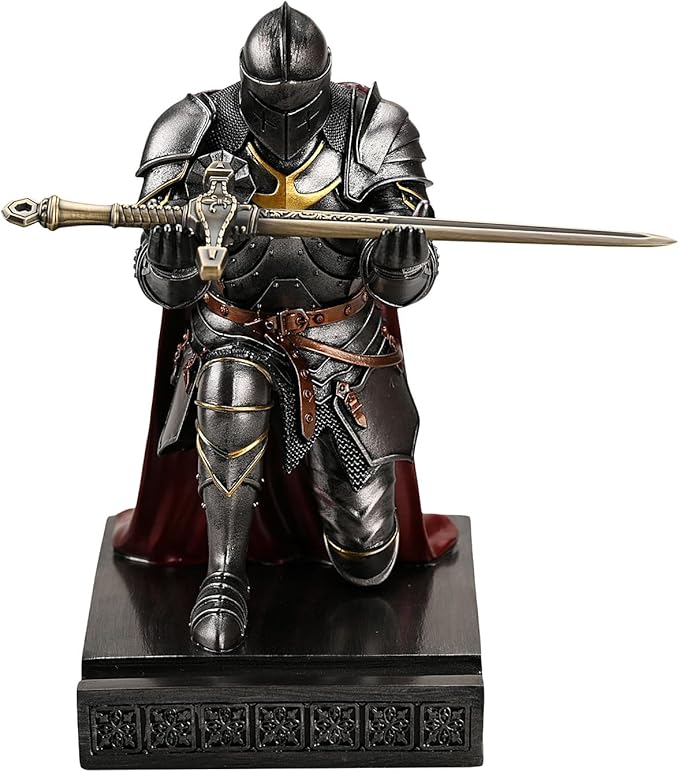 Amoysanli Medieval Armored Warrior Wearing Outerwear, Mobile Phone Stand Knight Pen Holder Desk Organizers, Resin Bookends Paperweight with a Letter Opener for Desk (Iron)