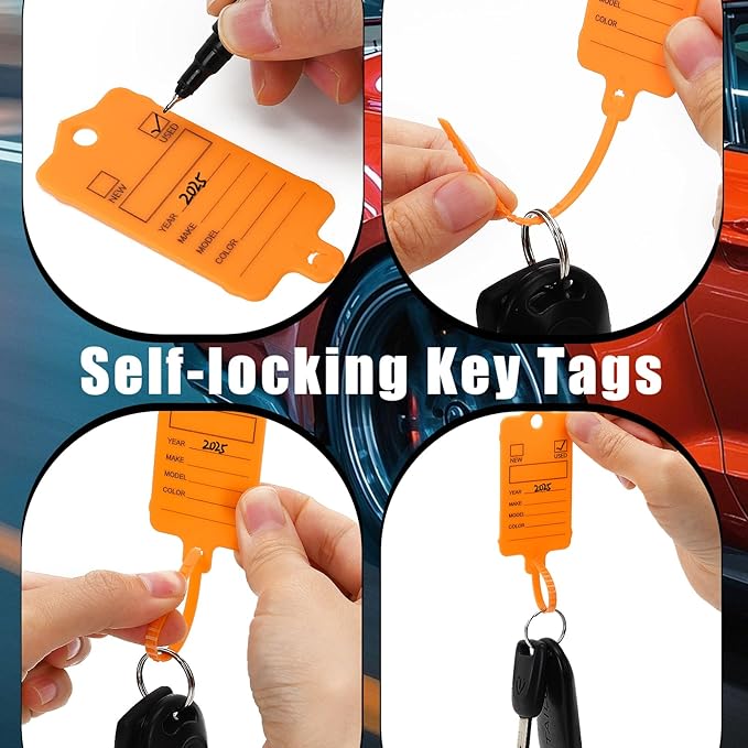 100 Car Key Tags with Labels Plastic Car Dealership Key Tags Self Locking Automotive Identifiers Blank Shop Labels with One Pen (Orange)