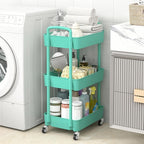 Sywhitta 3-Tier Plastic Rolling Utility Cart with Handle, Multi-Functional Storage Trolley for Office, Living Room, Kitchen, Movable Storage Organizer with Wheels, Green