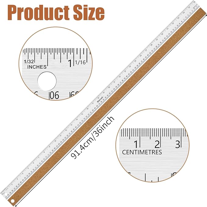 36 Inch Metal Ruler, Stainless Steel Straight Edge Ruler with Cork Backing, Non-Slip Imperial & Metric Measuring Tool for School, Office, Woodworking, Drafting