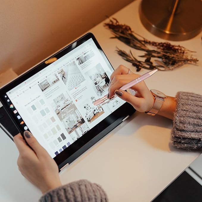 LINFANC 12 Pack Rose Gold Ballpoint Pen with Stylus Tip, 1.0 mm Black Ink Smooth Writing Pens, Metal Stylus Pens for Touch Screens