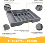 oridom Large Premium Bamboo Silverware Organizer - Expandable Drawer Organizer & Utensil Organizer - 17"x19.7" Cutlery Tray with Dividers for Kitchen Utensils and Flatware (7-9 Slots) (Grey)