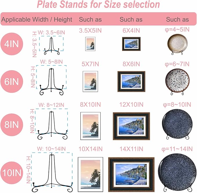 HENABLE 6PCS 3 Size Black Iron Plate Stands for Display - 4, 6, 8 Inch Decorative Metal Plate Holders - Mini Easel, Frame, Book, Card, Plaque, Bowl, Picture Display Stands