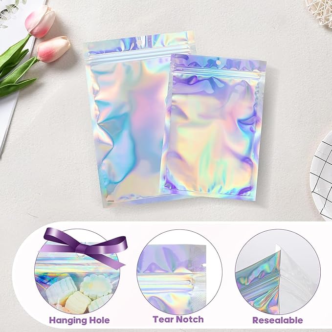 100Pcs Holographic Packaging Bags, 5.9x8.6 inch Resealable Foil Pouch Mylar Sample Bag Great for Small Business and Party