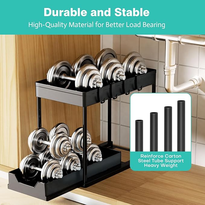 APWNRJA Under Sink Organizers 2 Pack, Pull-Out Sliding Cabinet Organizer with 2-Tier Storage Shelf & 4 Hooks, Multi-Purpose for Kitchen & Bathroom (13 Inch, Black)