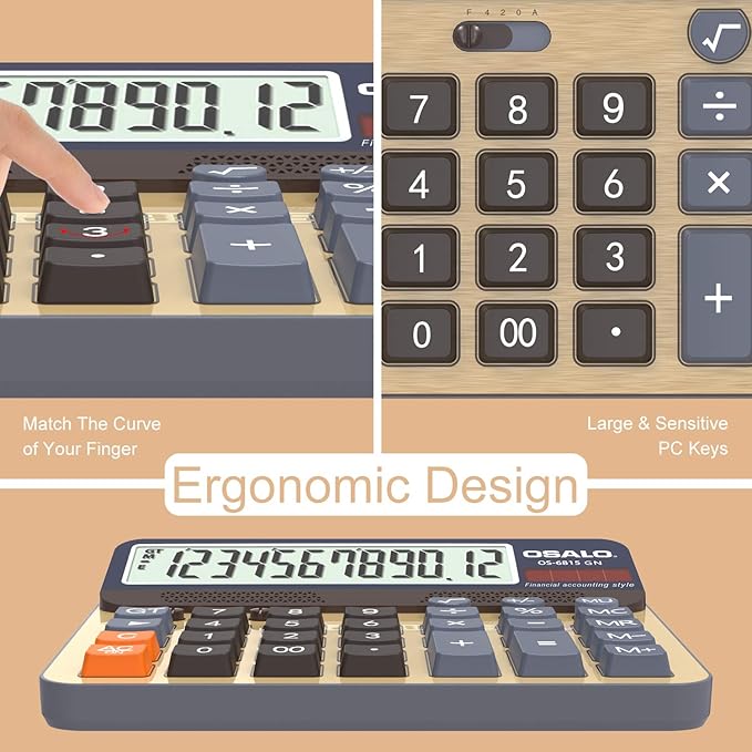 Desktop Calculator Extra Large 5-Inch LCD Display 12-Digit Big Number Accounting Calculator with Giant Response Button, Battery & Solar Powered, Perfect for Office Business Home Daily Use(6815GN-2pcs)