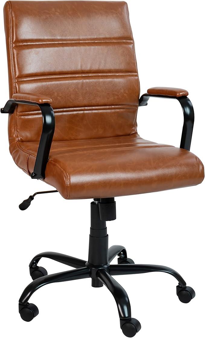 Flash Furniture Whitney Mid-Back Swivel Leather Desk Chair with Padded Seat and Armrests, Adjustable Height Padded Leather Office Chair, Brown/Black