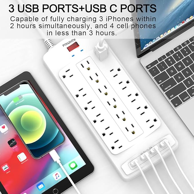 18 Outlets Surge Protector Power Strip - 10 Feet Flat Plug Heavy Duty Extension Cord with 18 Widely Outlets and 4 USB Ports, 2100 Joules, White, ETL Listed