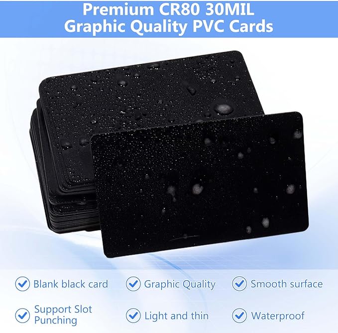 250 Pack - Premium Blank PVC Cards for ID Badge Printers - Premium Quality Black CR80 30 Mil (CR8030) by KLMNDUO - Compatible with Most Photo ID Badge Printers(Black)