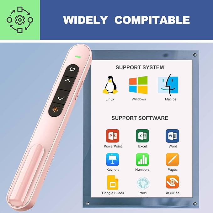 QUI Presentation Clicker for PowerPoint, RF 2.4GHz USB Wireless Presenter Remote with Volume Control, PowerPoint Clicker Slide Advancer for Mac, Windows, Laptop, Keynote