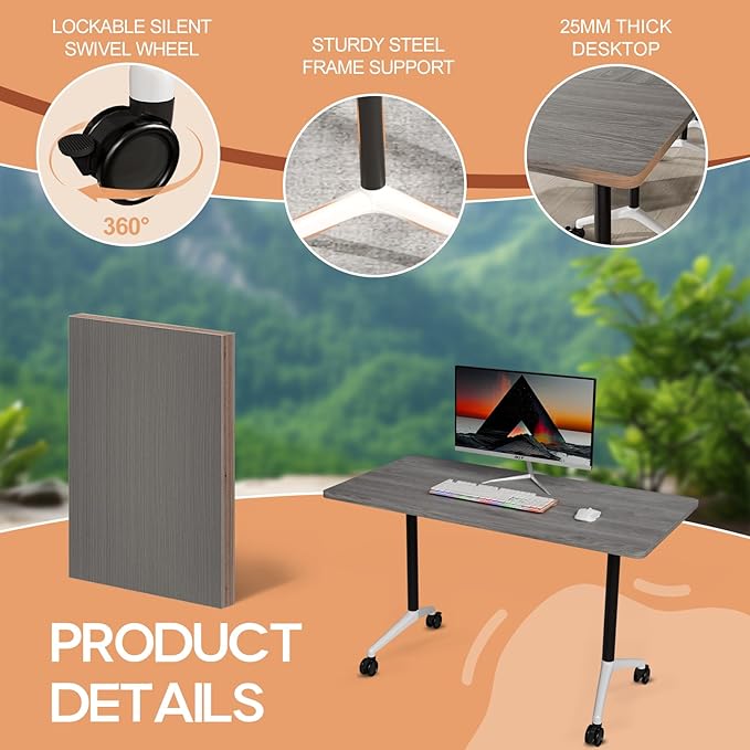 Folding Conference Table 4ft 5ft, Foldable Office Meeting Desk for 6 People, Multiple Sizes Colors Mobile Conference Room Table for Training Room School Business Furniture (6, Grey, 71in)