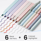 JIMMIDDA- 12 Pack Gel Pens, 0.7mm Black Ink Fine Point Smooth Writing with Aesthetic Highlighters, Quick-dry Long-lasting Pens Set for Journaling School Office Supplies(6 Pens + 6 Highlighters)